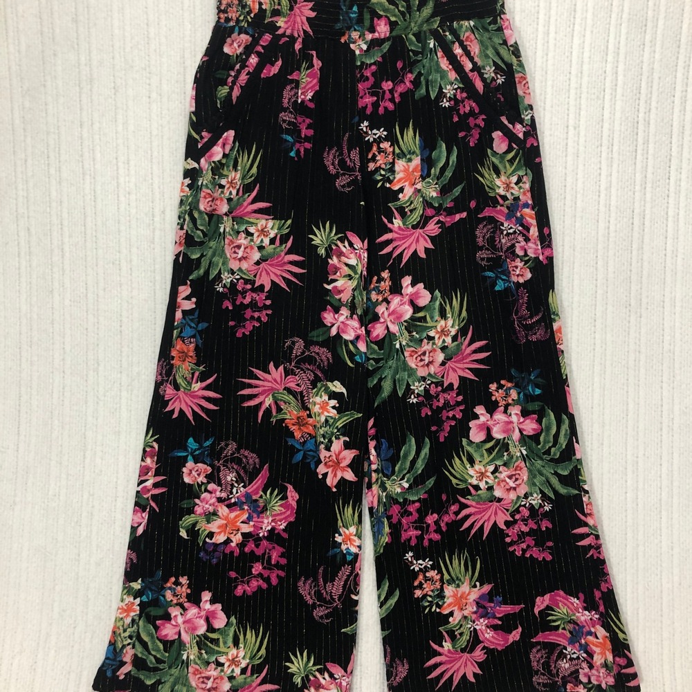 INC International Concepts Floral Wide Leg Pants Black Gold Metallic Tropical L